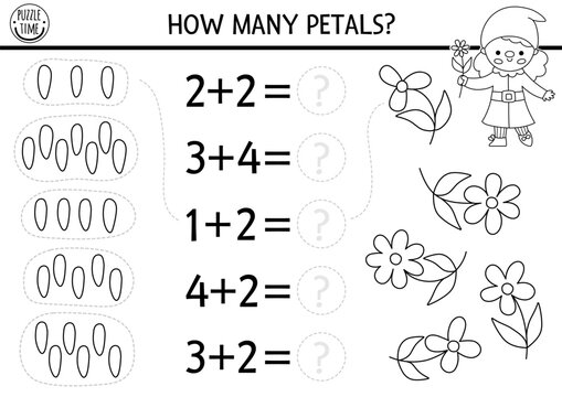 Counting and matching black and white game with dwarf girl and petals. Garden gnome math addition activity for kids. Fairytale printable counting worksheet or coloring page with flowers, fairy