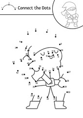 Vector dwarf dot-to-dot and color activity. Fantasy forest connect the dots game for children with gnome with axe. Magic woods coloring page for kids. Printable worksheet with fairytale creature