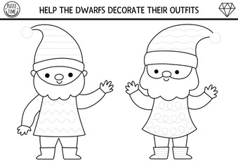 Drawing, writing, tracing, black and white activity for kids with woodland dwarfs and dresses. Fantasy forest printable coloring page or handwriting practice puzzle. Complete gnome costume
