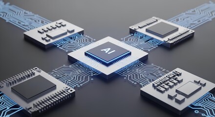 Advanced AI chip powering interconnected processors with glowing blue circuits