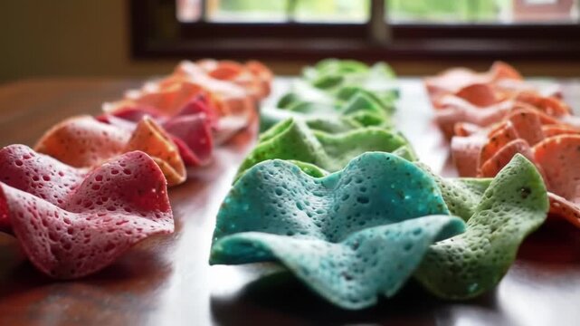 Rainbow-hued, porous, crispy wafers arranged in parallel rows on a wooden surface, illuminated by soft natural light from a nearby window