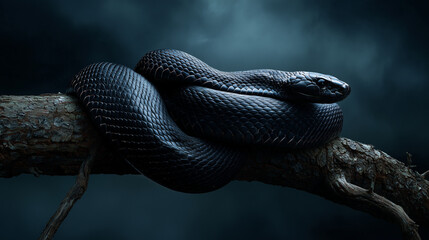 A coiled black mamba snake its sleek dark scales shimmering under the warm sun rests on a dry weathered tree branch in a natural arid environment