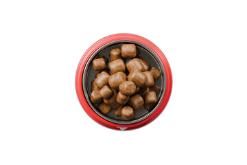 3d pet food icon. Dog kibble bowl concept. Minimal cartoon red pet dish full of dry food for dog shop isolated on white transparent background. 3d render