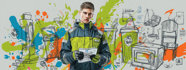 Naklejka premium Young white man in green & yellow uniform holding route sheet & gloves, surrounded by waste items on gray wall. Bold graffiti backdrop in green, orange, blue, & gray