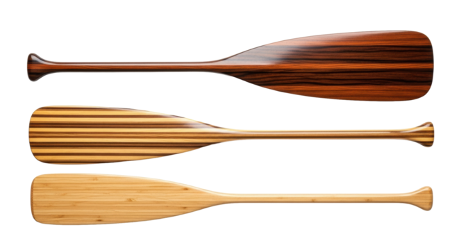 Three distinct wooden canoe kayak paddles, diverse natural wood grains, broad blades, and striped patterns, laid horizontally on a transparent background with copy space. Concept of natural