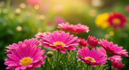 A cluster of vibrant pink daisies with yellow centers blooms in a garden, bathed in soft sunlight with a bokeh effect in the background
