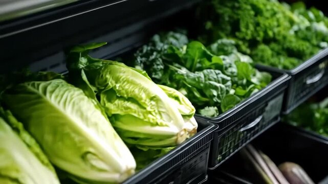 Green leafy vegetables displayed in black crates on a dark shelf