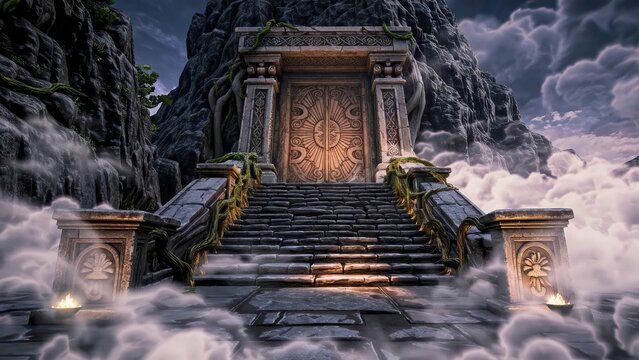 Ancient Mystical Temple Doorway with Glowing Lantern in Foggy Forest