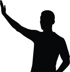 Black silhouette of a man raising his right arm in a gesture of greeting