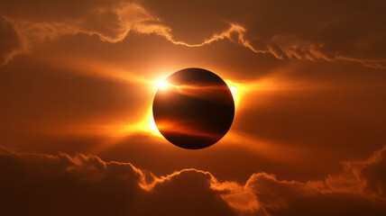 Obraz premium Dramatic solar eclipse with fiery corona and glowing clouds