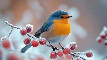 Fototapeta premium A vibrant bird perched on a snow covered branch in the winter