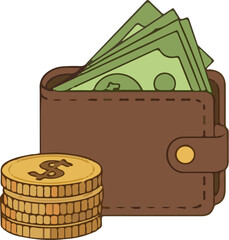 Brown wallet filled with dollar bills and stack of golden coins. Financial savings, wealth, and payment concept illustration.