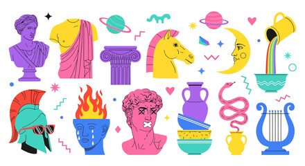 Aesthetic Greek Mythology and Ancient Roman Sculpture with Surrealism Illustration in Vibrant Colors for Creative Projects