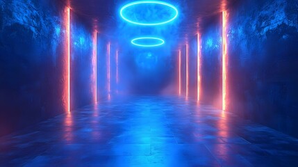 Glowing neon blue rings in a futuristic cosmic tunnel