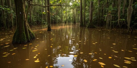 Obraz premium Lush wetlands capture tranquility with whispering leaves and gentle reflections in the morning light Generative AI