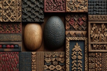 Earth-toned pattern of carved wood panels inspired by African storytelling traditions