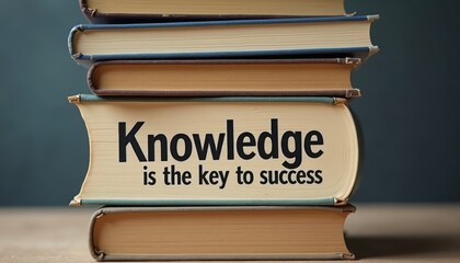 Books Stacked with Inspirational Quote About Knowledge and Success