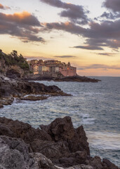 colorful coastal village of tellaro at sunset, ligurian coast, italy