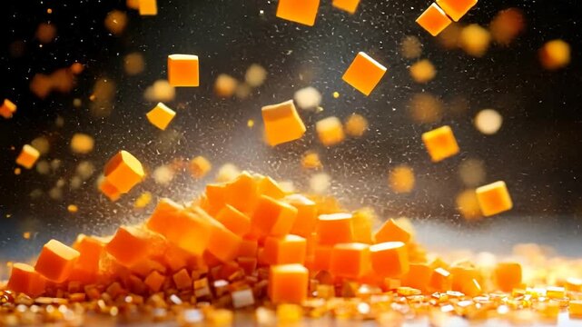 Orange cubes, exploding in air, on a bed of smaller orange cubes