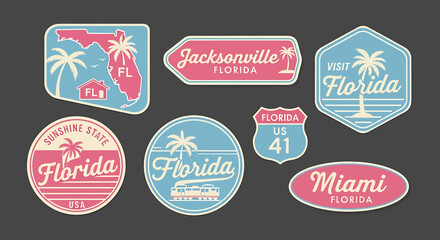 Vintage Florida Travel Stickers and Badges Collection for Souvenirs and Tourist Attractions Promotion with Retro Design Elements