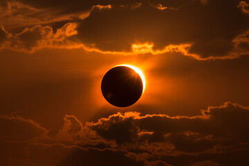 Dramatic solar eclipse through fiery orange clouds at sunset