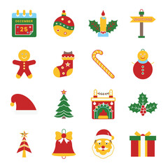 Christmas Solid Icon Set. Festive Vector Colorful Icons for Winter Holiday, Santa, Gifts, and Celebration of Merry Christmas. Christmas Flat Icon Set. Holiday Symbols in Festive Colors