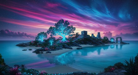 Enchanted Island Ruins at Twilight with Glowing Trees