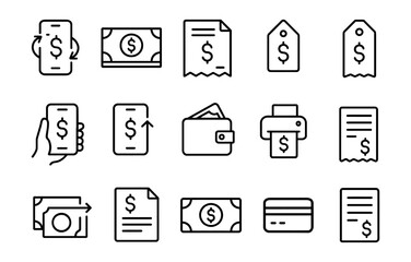Finance and payment icons set. Mobile banking, dollar bill, receipt, wallet, card, price tag, vector