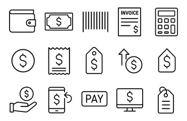 Fototapeta premium Finance and payment outline icons set. Wallet, dollar, barcode, invoice, calculator, tag, pay, vector