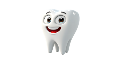 Happy cartoon tooth character with a big smile and eyes against a black background