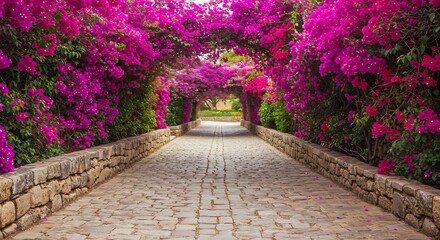 Obraz premium Enchanting Pathway Lined with Vibrant Pink Bougainvillea Flowers