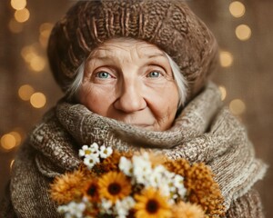 Elderly woman holding flowers on golden background with soft lights