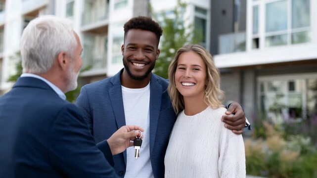 A real estate agent in a blazer hands keys to a happy young couple in front of a townhouse, with a neighborhood backdrop. - Powered by Adobe