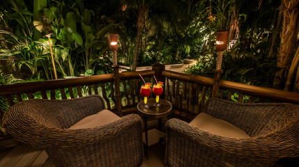 A romantic, secluded balcony with two wicker chairs and tropical cocktails at night. Warm torchlight illuminates the lush jungle, creating a cozy vibe.