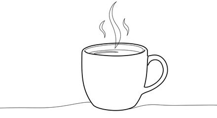 Minimalist one line drawing of a hot coffee mug. Simple outline illustration of a steaming cup for an office break concept.