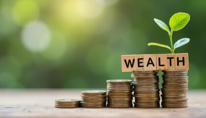 Growth of Wealth with Coins and Green Plant in Natural Light