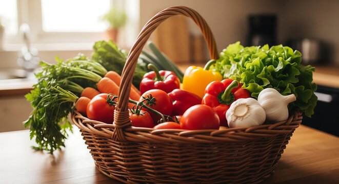 Fresh assortment of healthy vegetables in a wicker basket on a kitchen counter