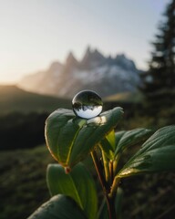 Water droplet on green leaf with mountains in background at sunset  