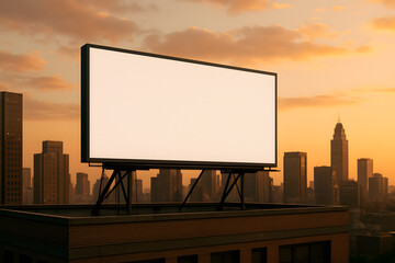 Rooftop Billboard Mockup with City Skyline at Sunset