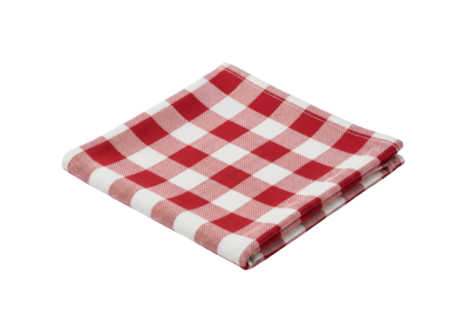 A single, neatly folded, square fabric napkin with a classic red and white gingham checkered pattern and visible texture, on a transparent seamless isolated background with controlled lighting,
