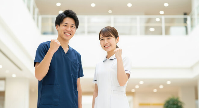 笑顔でガッツポーズをするアジア人看護師