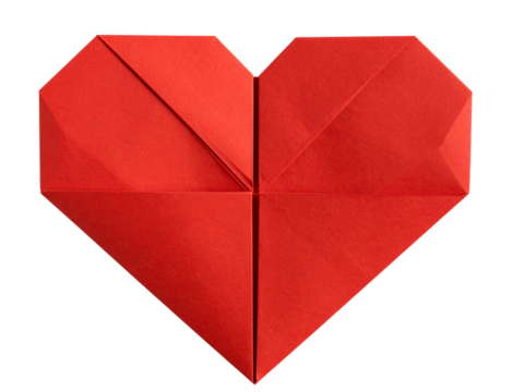 Red Origami Paper Heart with Folded Texture Top Angle View Isolated on Transparent Background PNG