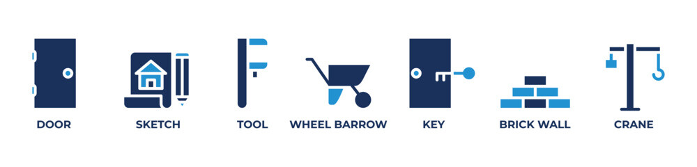 Building Foundations Icons set vector illustration blue with Door, Sketch, Tool, Wheel barrow, Key, Brick wall, Crane
