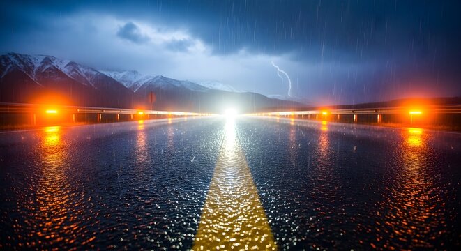 Glistening Highway Through a Mountain Pass During a Dramatic Lightning Storm. - Powered by Adobe