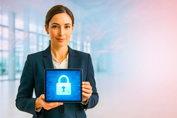 Confident businesswoman holding a glowing tablet displaying a secure padlock icon, symbolizing data protection, cybersecurity, and digital privacy in a modern corporate office environment 
