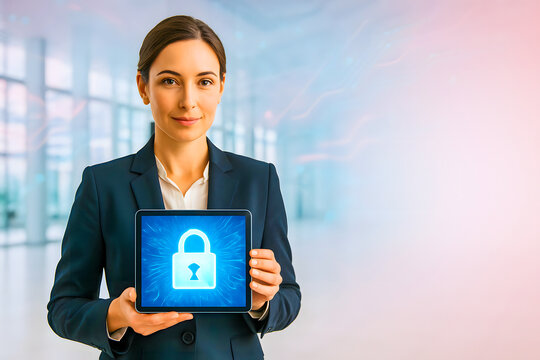 Confident businesswoman holding a glowing tablet displaying a secure padlock icon, symbolizing data protection, cybersecurity, and digital privacy in a modern corporate office environment
