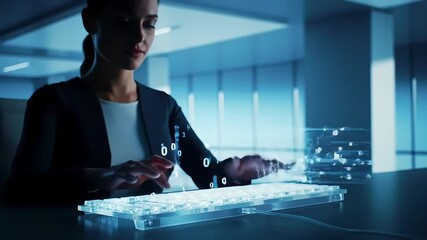 Futuristic digital interaction with a transparent keyboard, emphasizing technology and innovation in a modern workspace. - Powered by Adobe