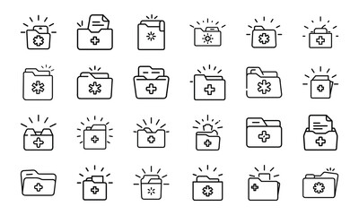 Medical Healthcare Line Art Icons Collection: Syringe, Stethoscope, Hospital Equipment, Organ, and Doctor Symbols with Outline Style and Subtle Glow