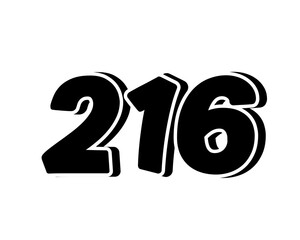 black number 216 on transparent background, with a bold, 3D appearance and shadow effects for added depth and dimension for graphic elements