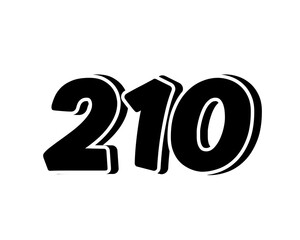 black number 210 on transparent background, with a bold, 3D appearance and shadow effects for added depth and dimension for graphic elements